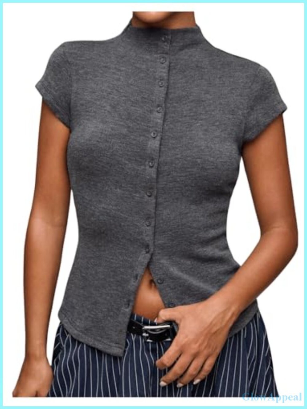 Cap Sleeve Knit Mock Neck Button Down Sweater Top